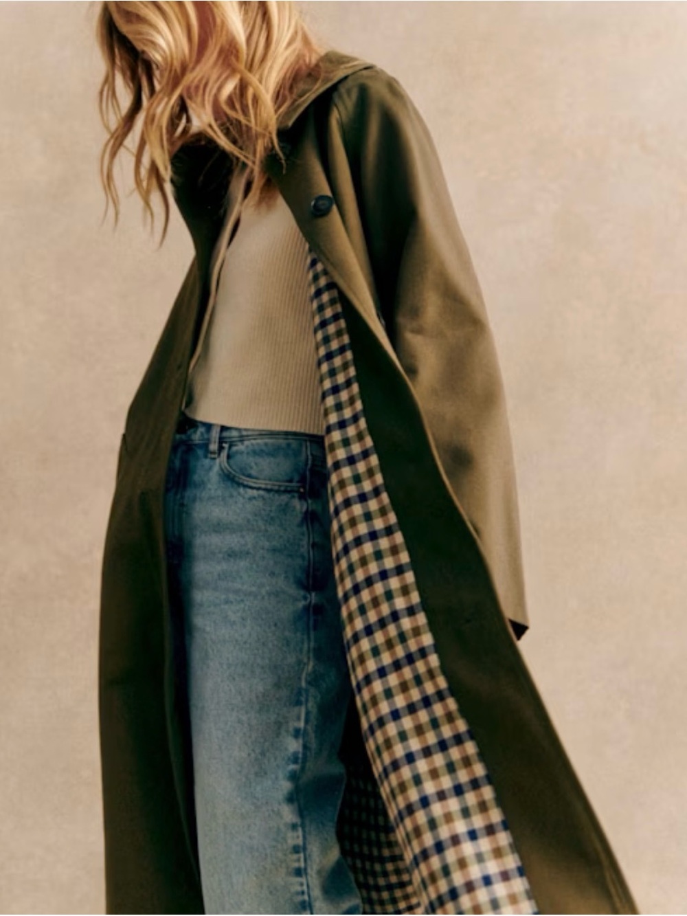 Sezane Olive Green Trench Coat with Checked Lining